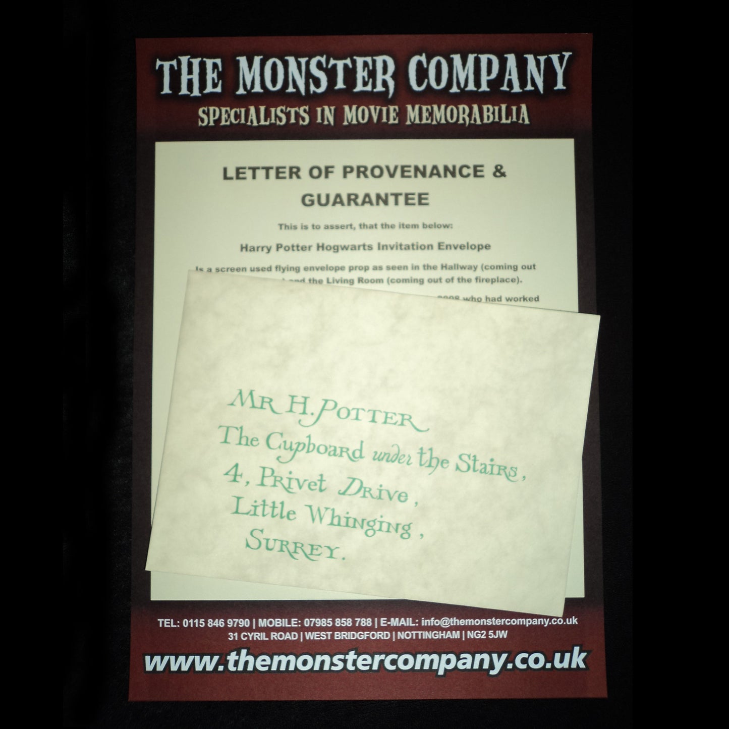 Harry Potter And The Philosopher's Stone Hogwarts Flying Invitation Screen Used Prop Letter