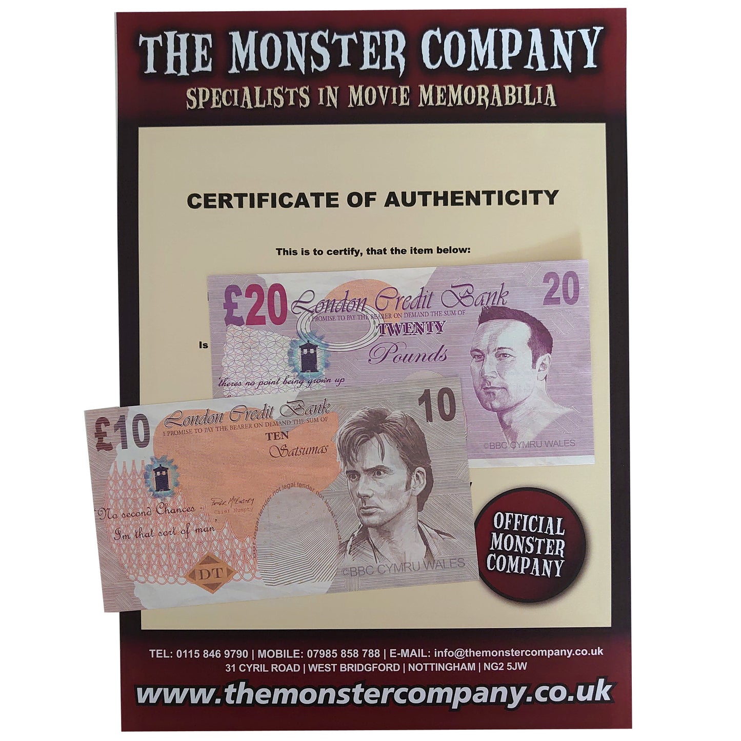David Tennant 10th Doctor Who £10 Note Phil Collinson £20 Note Props BBC The Runaway Bride