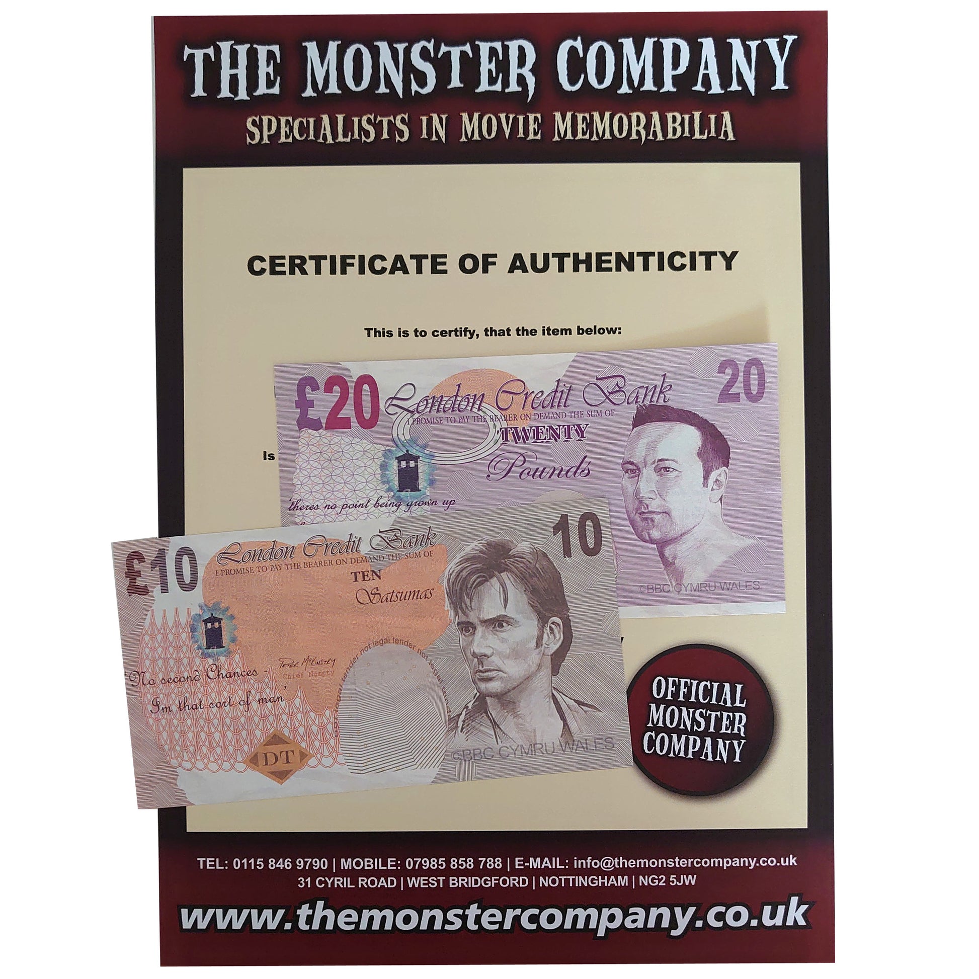 David Tennant 10th Doctor Who £10 Note Phil Collinson £20 Note Props BBC The Runaway Bride