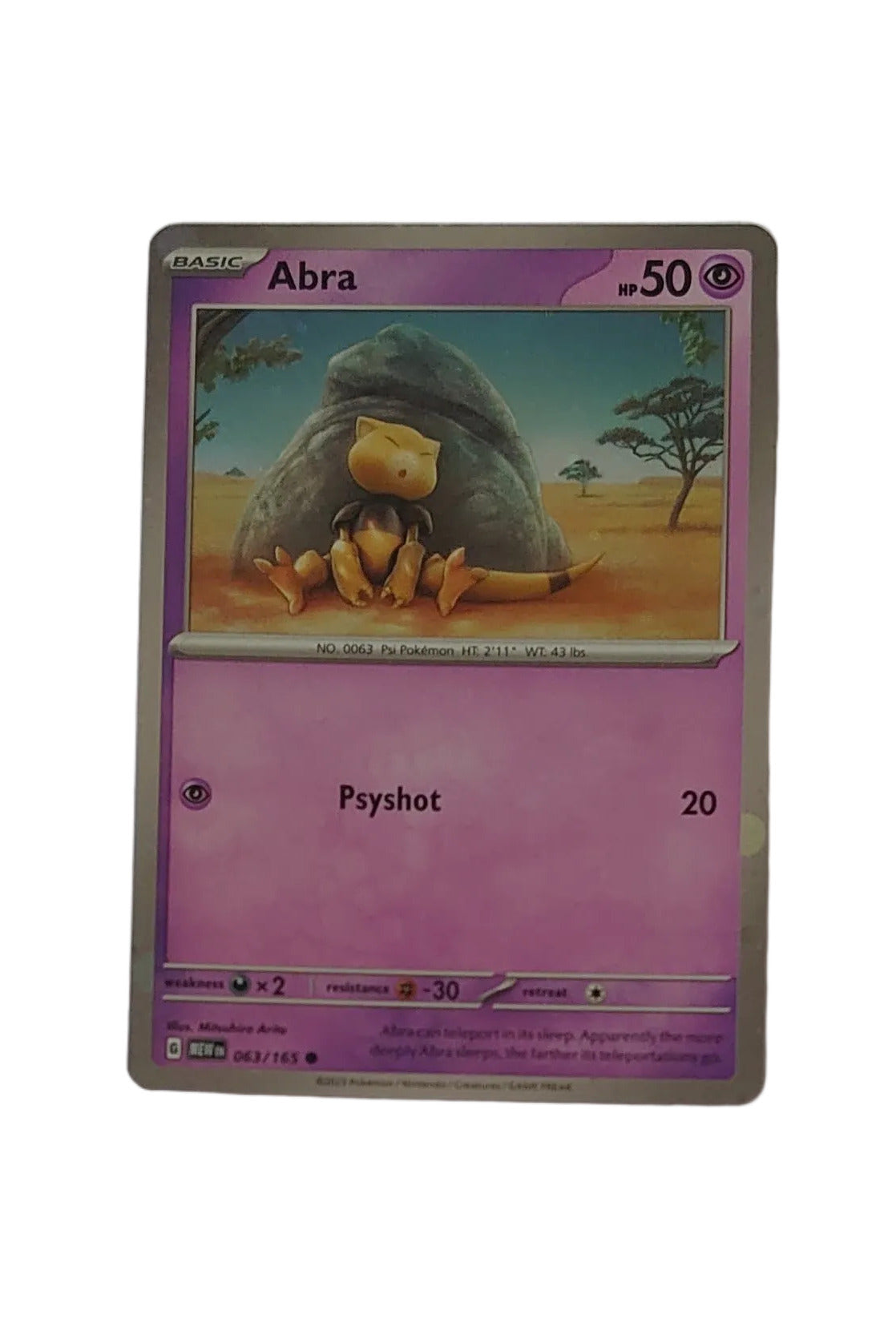 Pokemon Scarlet & Violet Cosmos Holographic Foil Abra Card With Mewtwo High Definition Tail Swirl 063/165