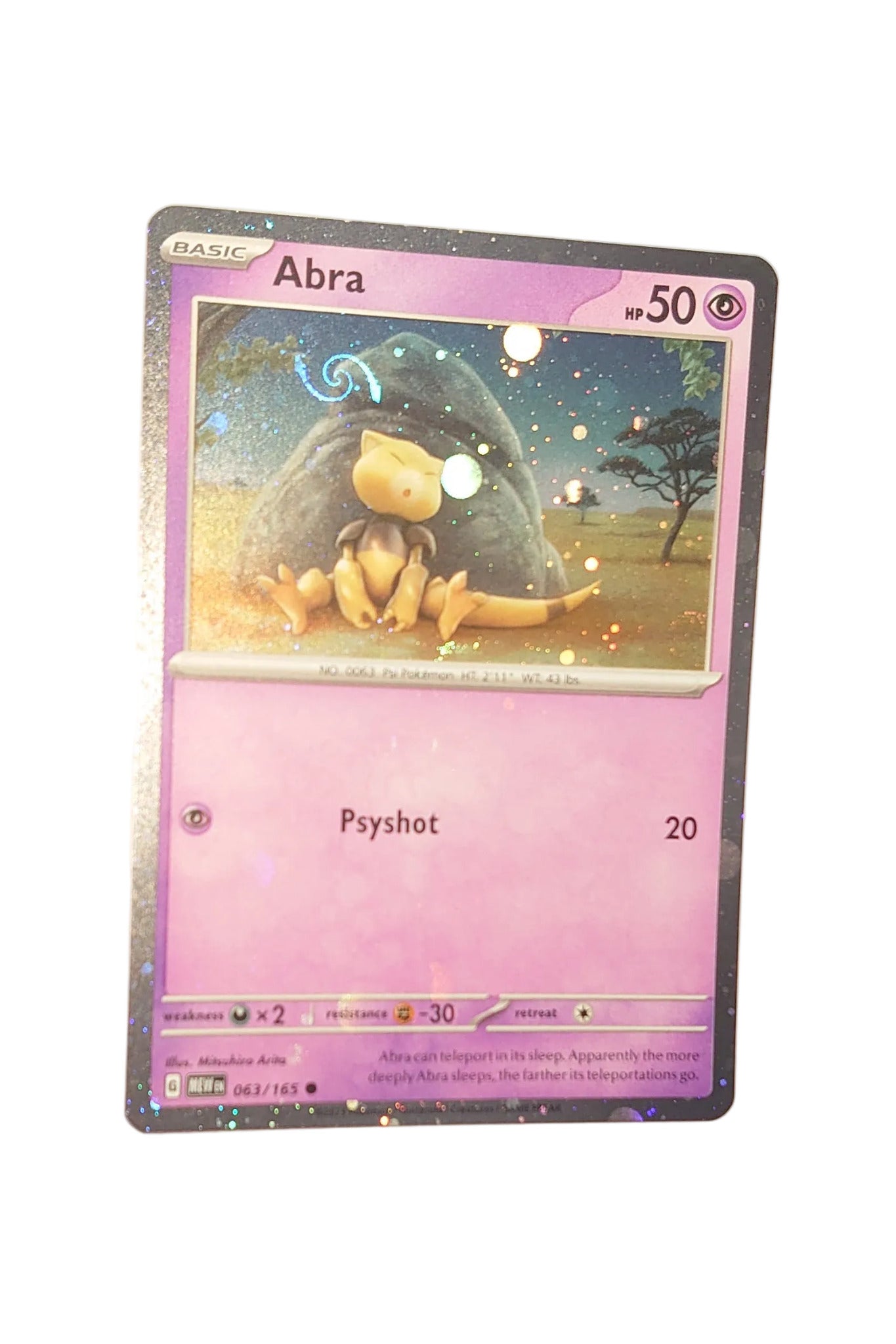 Pokemon Scarlet & Violet Cosmos Holographic Foil Abra Card With Mewtwo High Definition Tail Swirl 063/165