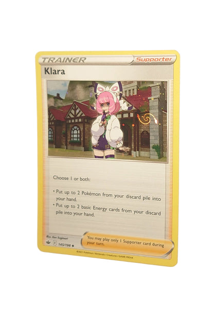 Pokemon Chilling Reign Cosmos Holographic Foil Klara Card With Mewtwo High Definition Tail Swirl 145/198