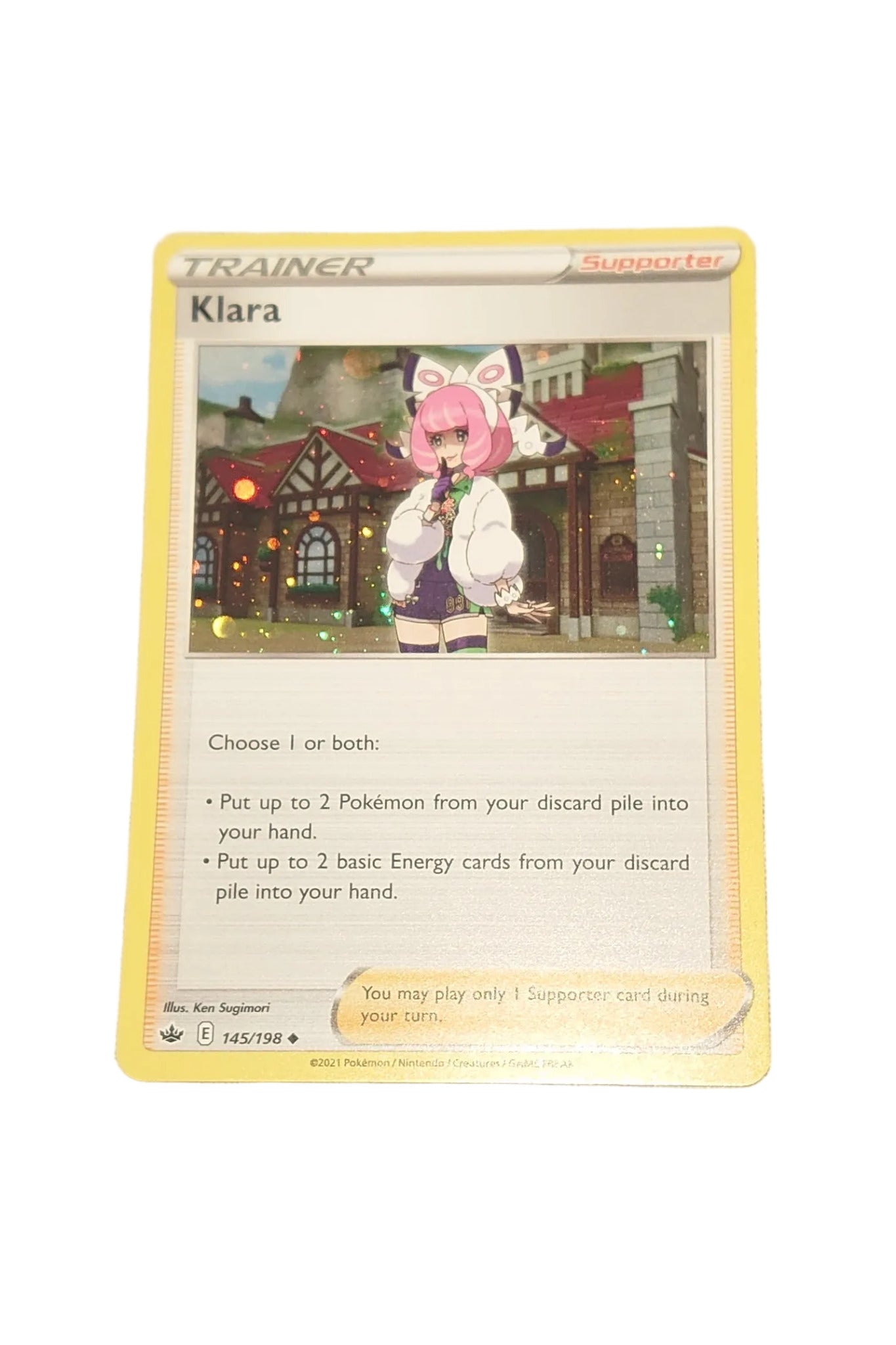 Pokemon Chilling Reign Cosmos Holographic Foil Klara Card With Mewtwo High Definition Tail Swirl 145/198