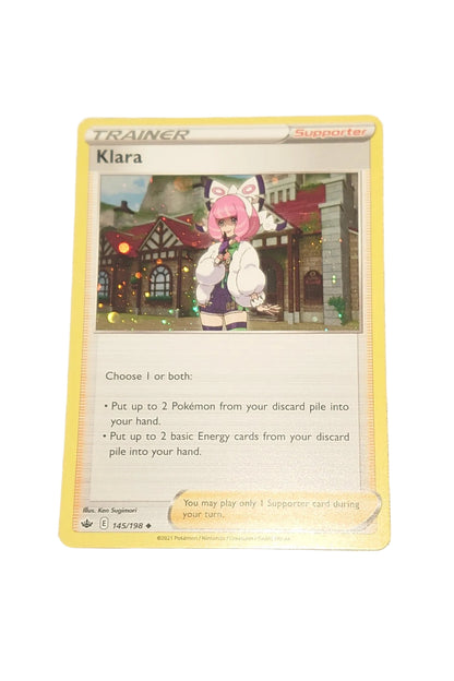 Pokemon Chilling Reign Cosmos Holographic Foil Klara Card With Mewtwo High Definition Tail Swirl 145/198