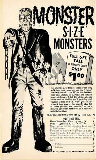 Original Vintage 1960s Frankenstein's Monster Door Poster Famous Monsters Of Filmland Universal Studio Boris Karloff